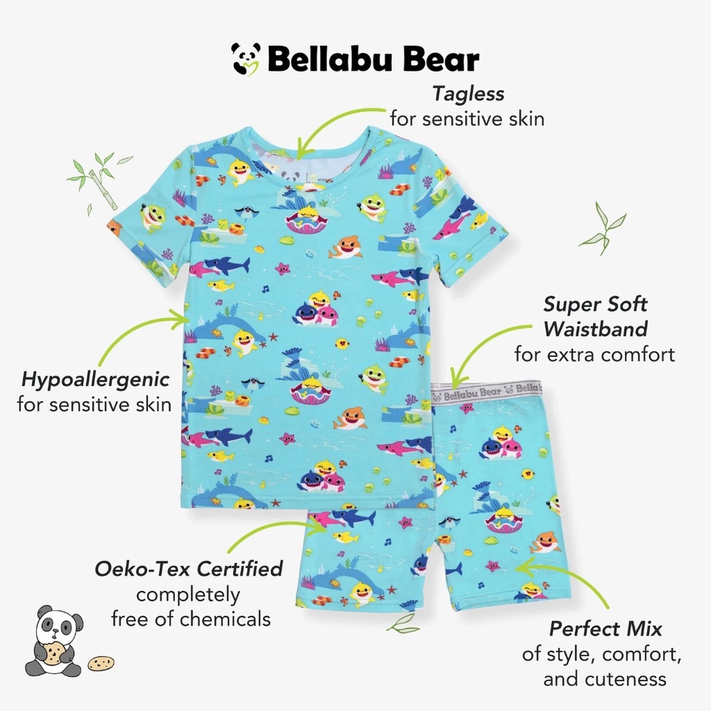 NEW Bellabu Bear Bamboo "Baby Shark" 2-Pc Short Pajamas, Sz 18-24 Mo - Picture 3 of 5